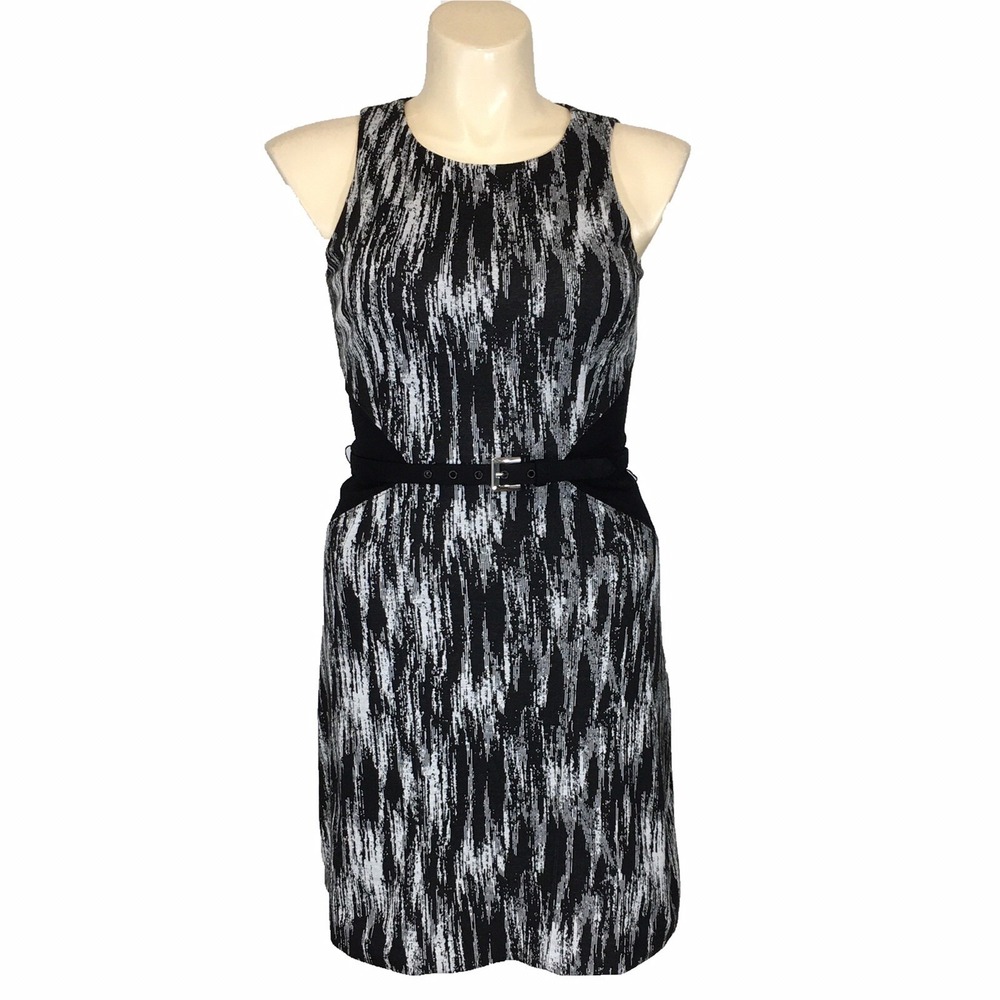 Cache Dress 12 White Black‎ Abstract Stripe Fit Flare Flattering Stretch Belt LN